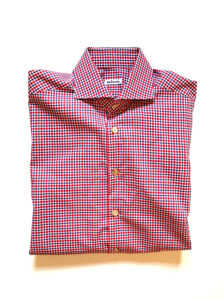 Kiton Button Down Sport Shirt Mens 40 16 Red White Blue Check Cotton Long Sleeve